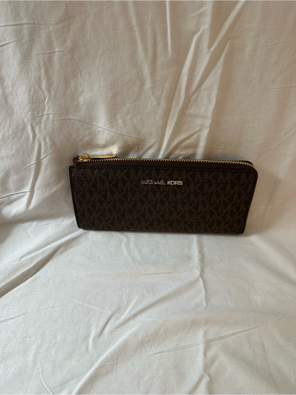 Michael Kors Dark Brown MK Zip Wallet with Gold Hardware
